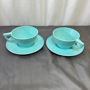 Texas Ware Melamine Cup W/ Saucer Set of 2 Turquoise Blue W/ White Speckles